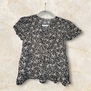 Floral White & Black Blouse with puff sleeves & bow ties & peplum fit